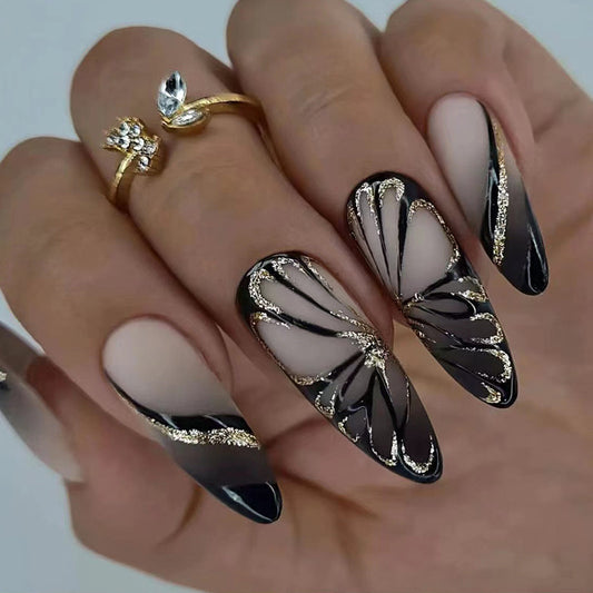 Take Flight Long Almond Black Butterfly Press On Nails