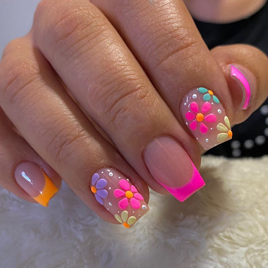 Pinup Girl Short Square Multicolor Floral Press On Nails