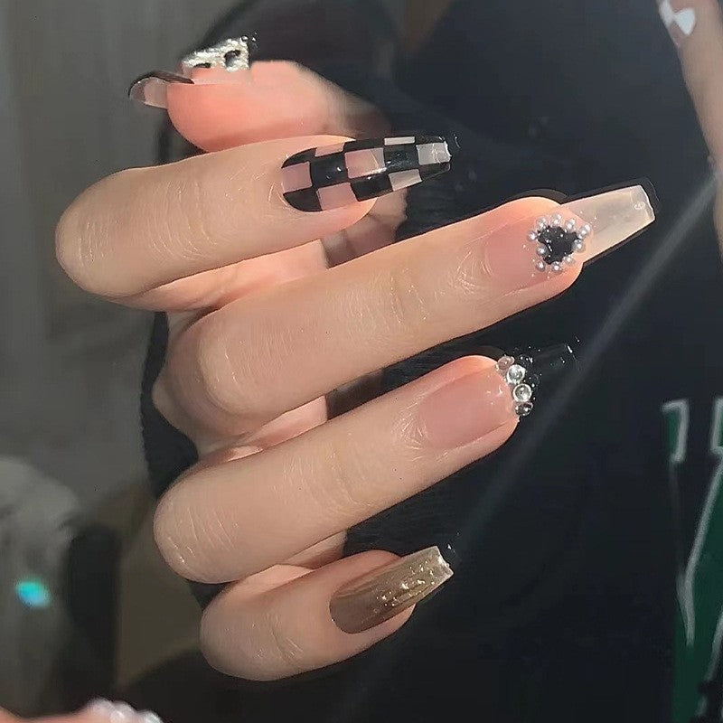 Modern Chic Long Coffin Press on Nail Set in Beige with Black Checkered and Glitter Accents and Rhinestone Embellishments
