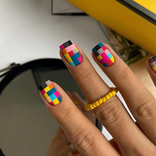 Pixelated Medium Square Multicolor Geometric Press On Nails