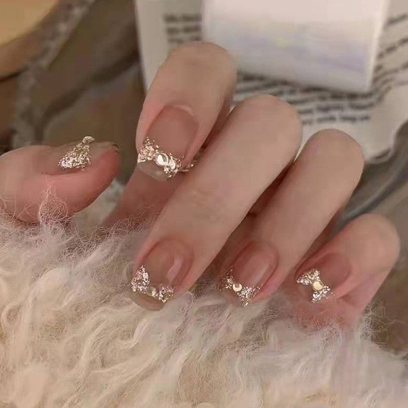 Golden Splendor Medium Square Press on Nail Set in Beige with Glitter Accents and Jewel Embellishments