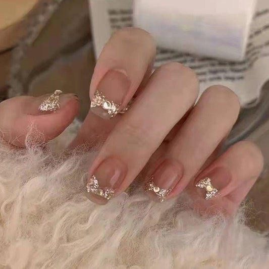 Golden Splendor Medium Square Press on Nail Set in Beige with Glitter Accents and Jewel Embellishments