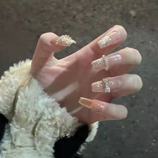 Glittering Gala Long Coffin Press on Nail Set in Sheer Glitter with Sparkling Cross and Diamond Patterns