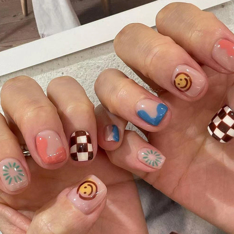 Doodling Around Short Squoval Multicolor Checkered Press On Nails