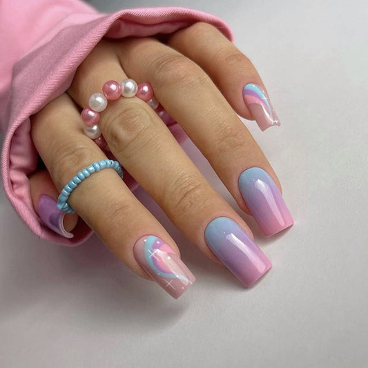 Cotton Candy Medium Square Pink Groovy Press On Nails