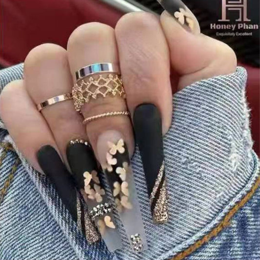 Boho Chic Extra Long Coffin Press on Nail Set in Matte Black and Transparent with Rose Gold Glitter and Butterfly Appliques