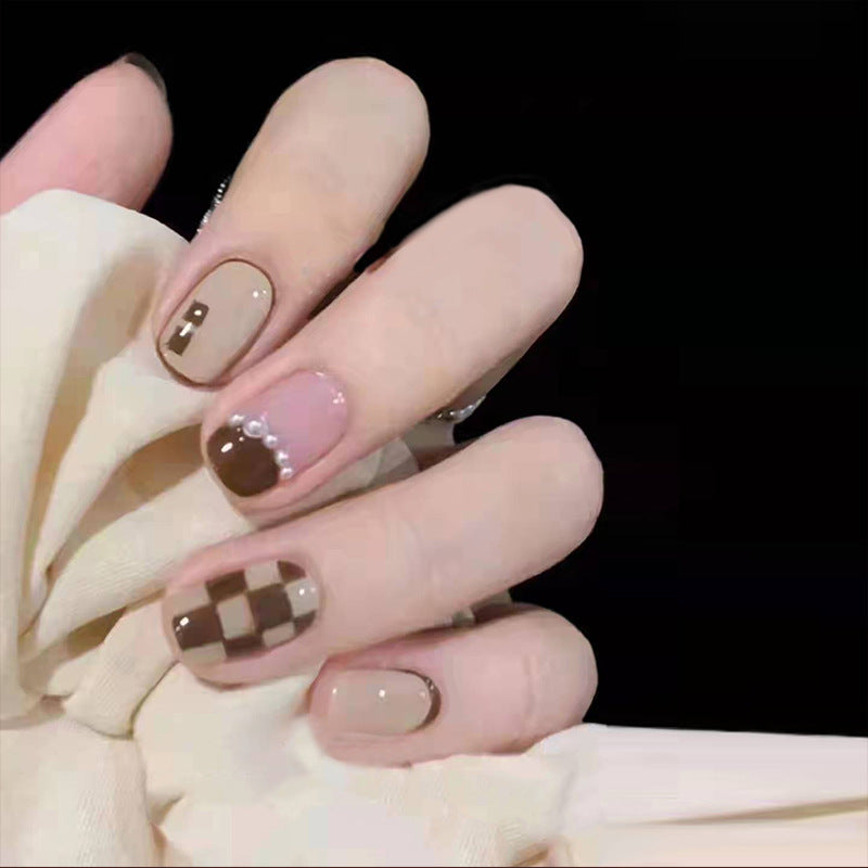 Classic Mocha Short Squoval Press on Nail Set in Taupe with Checkered Detail and Pearl Accents