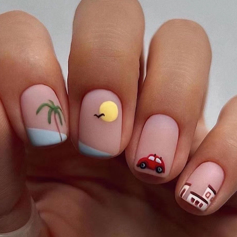 Off To The Beach Short Squoval Multicolor Vacation Press On Nails