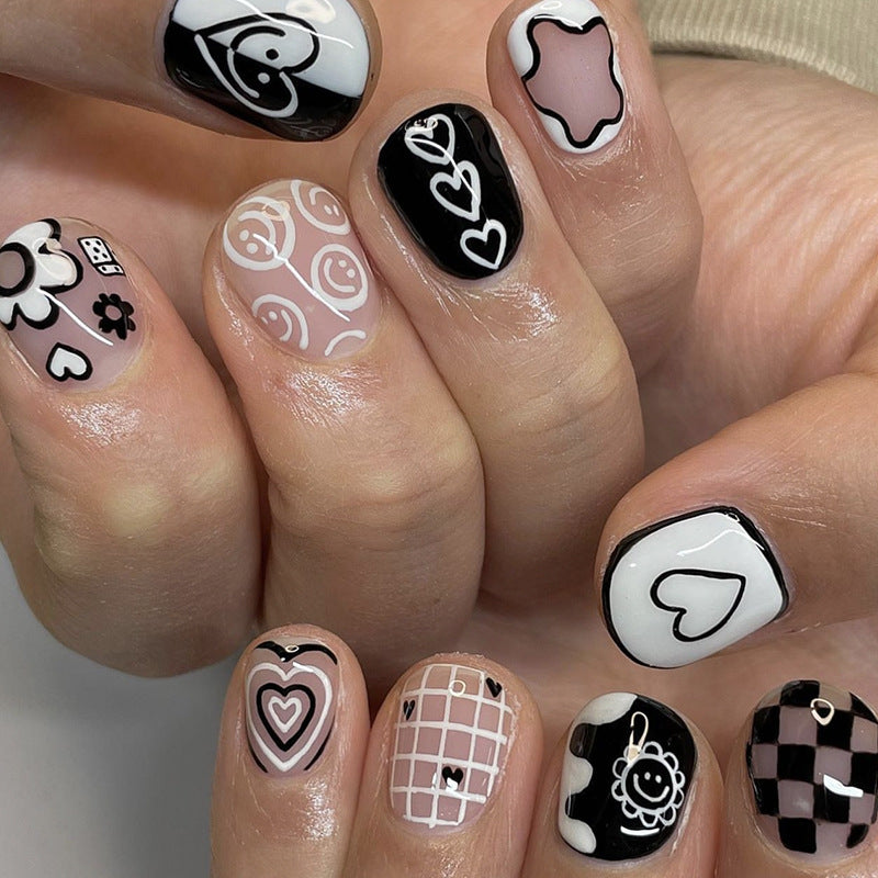Doodling Short Squoval Black Cartoon Press On Nails