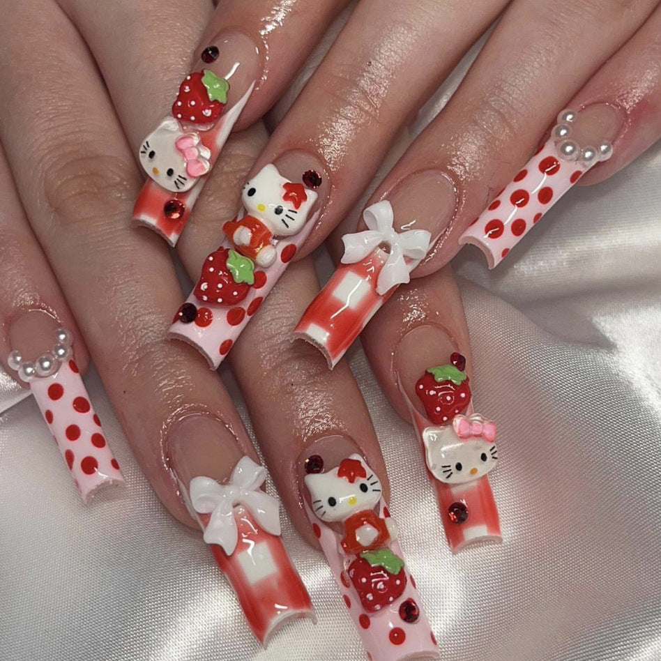 Hello Kitty Strawberry Long Square Red Cute Press On Nails