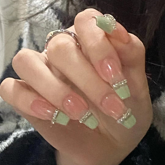 Mint Elegance Long Coffin Press on Nail Set in Sheer Pink with Mint French Tips and Crystal Embellishments