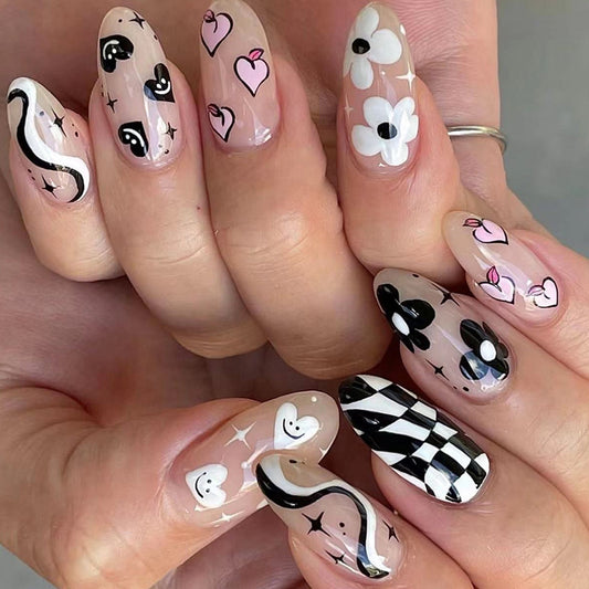 Checkered Hearts Medium Oval Black Abstract Press On Nails