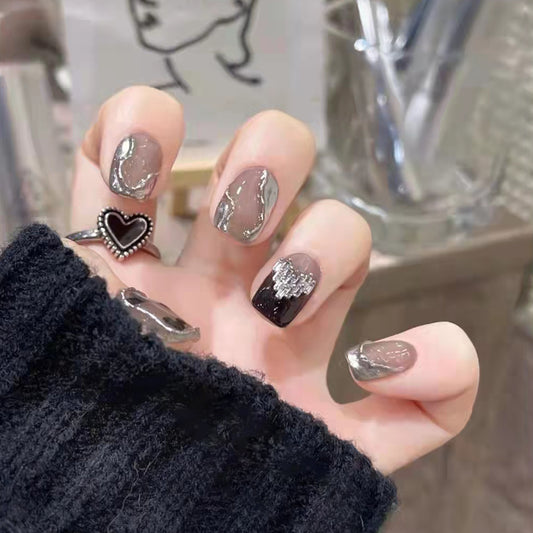 Chic Charcoal Medium Square Press on Nail Set in Smoky Grey with Silver Glitter and Heart Accents