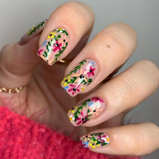 Madrid Short Square Multicolor Floral Press On Nails