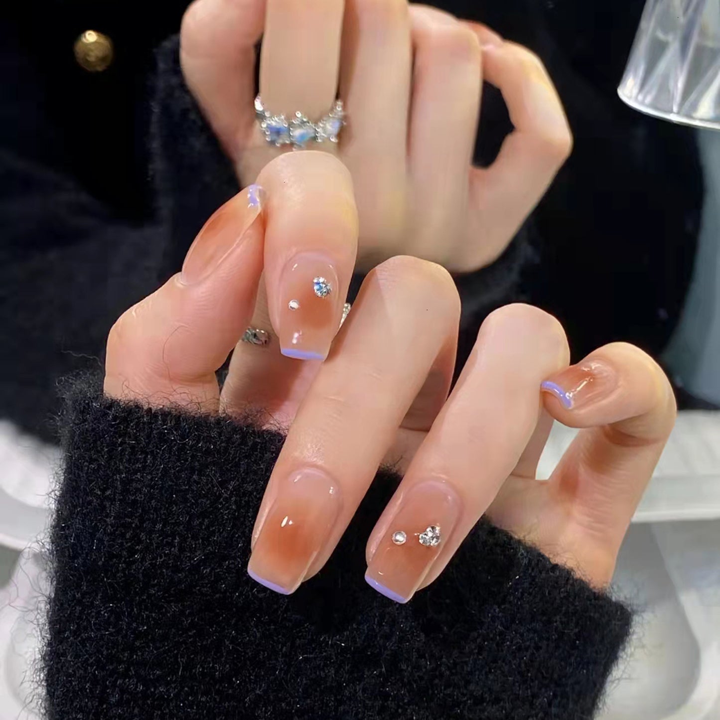 Crystal Frost Medium Square Press on Nail Set in Sheer Beige with Lavender Tips and Silver Gem Accents