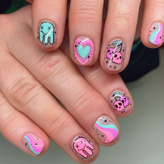 Ghost Cherries Short Squoval Pink Cute Press On Nails