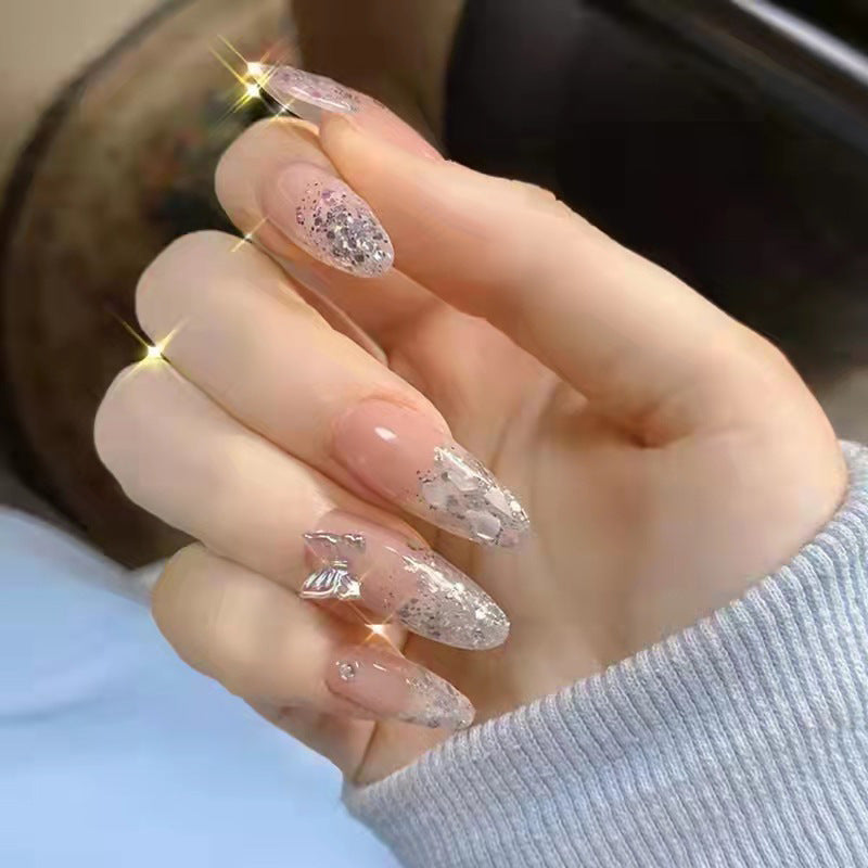 Starry Night Long Almond Press on Nail Set in Translucent Pink with Silver Sparkle Overlay