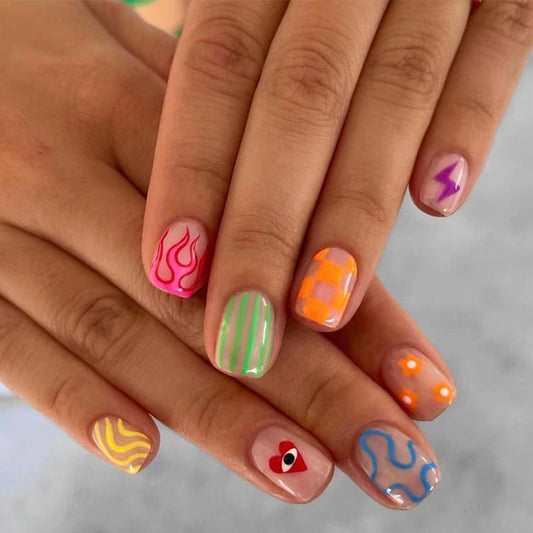 Groovy Line Hearts Short Squoval Multicolor Abstract Press On Nails