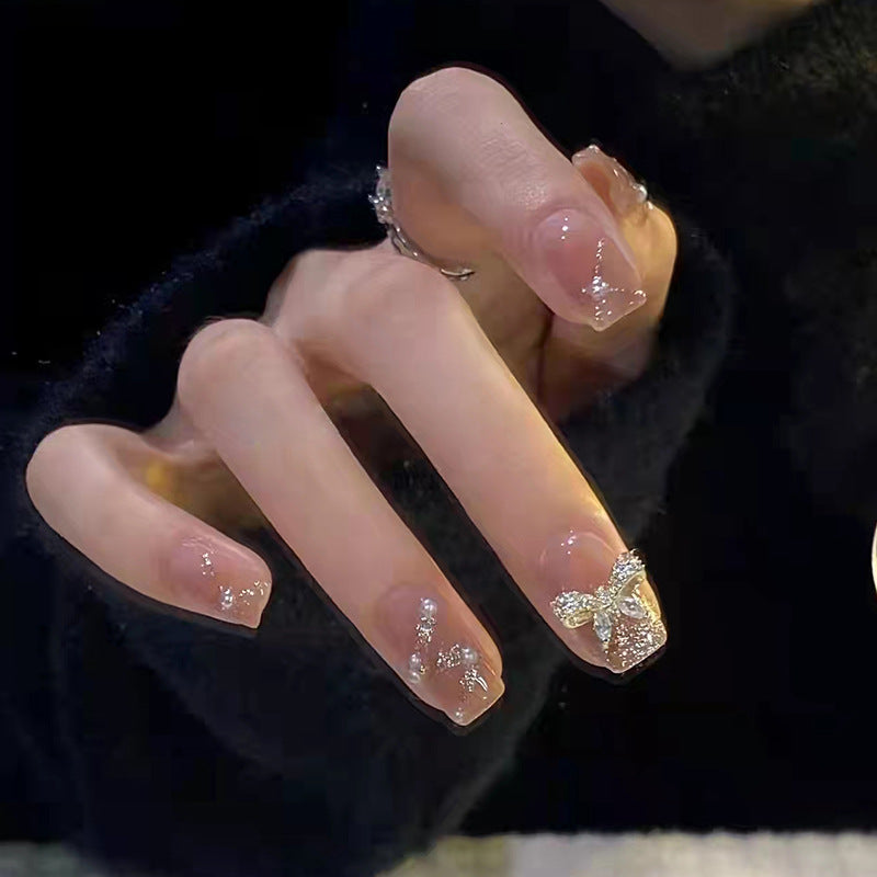 Elegant Affair Medium Square Transparent Press on Nails with Glitter Accents and Bow Embellishment