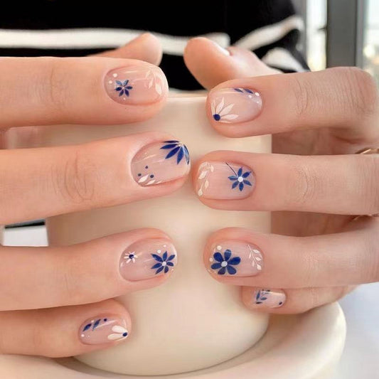 Mykonos Mornings Short Squoval Blue Floral Press On Nails