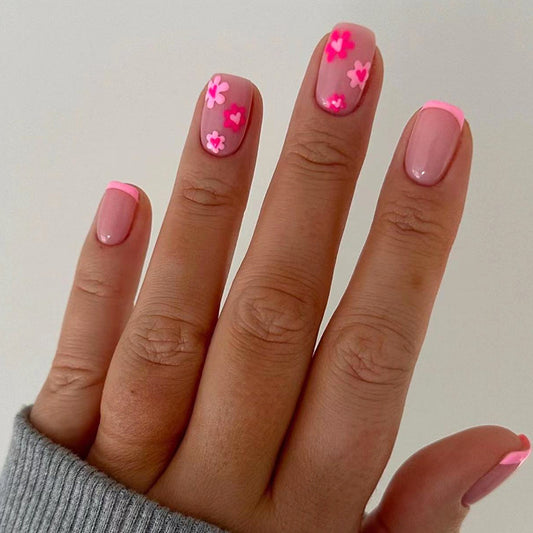 Flower Sweep Short Square Pink Spring Press On Nails