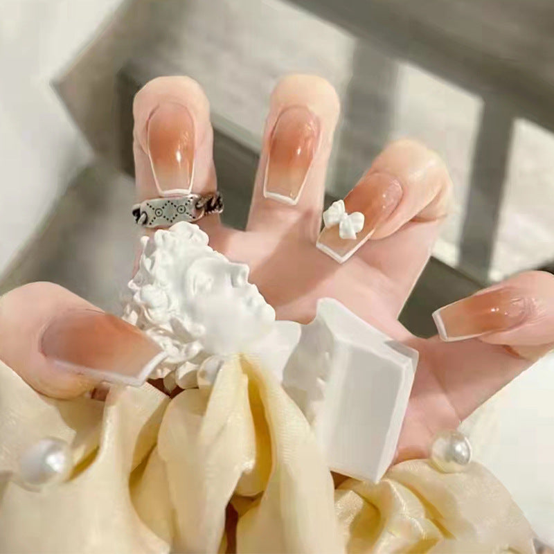 Bridal Bliss Long Coffin Beige Press On Nails with White Bow Accent