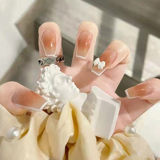 Bridal Bliss Long Coffin Beige Press On Nails with White Bow Accent