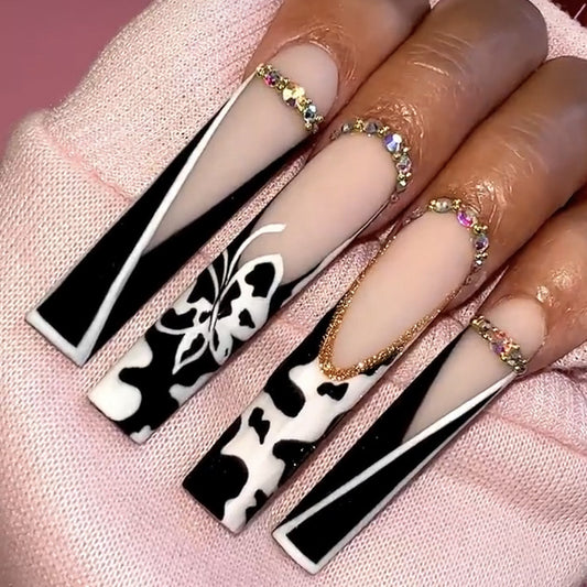 Moody Butterfly Long Square Black Abstract Press On Nails