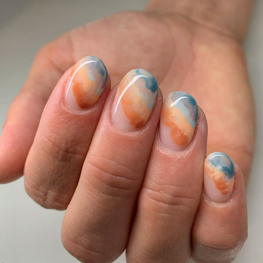 Sandstone Waves Short Round Blue Marble Press On Nails