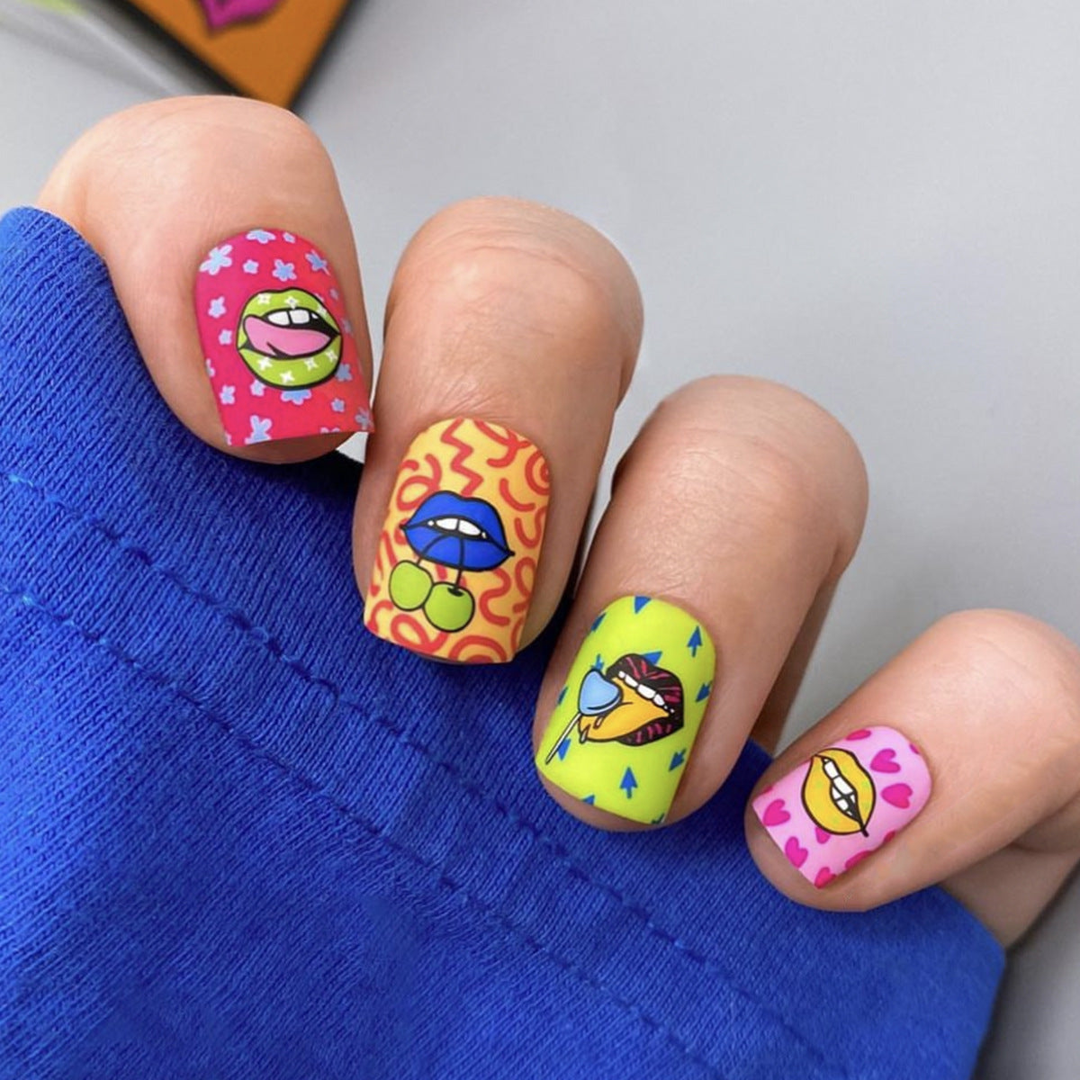 tongue Out Short Square Multicolor Cartoon Press On Nails