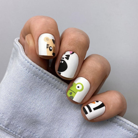 Zoo Time Short Square White Cartoon Press On Nails