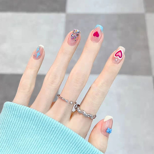 Playful Pastel Medium Square Multicolor Press On Nails with Glitter and Heart Accents