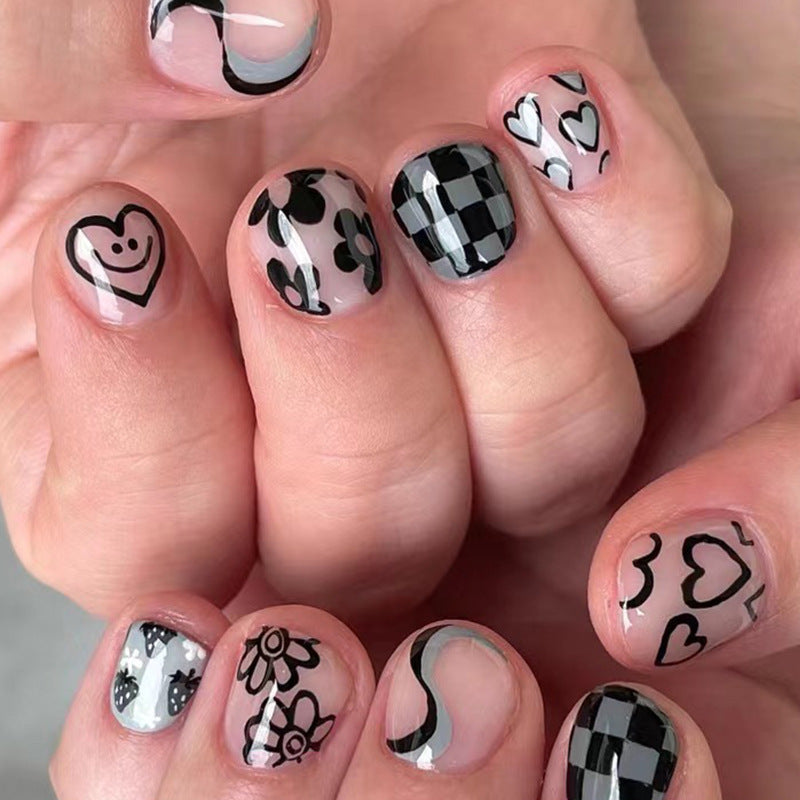 Doodling More Short Squoval Black Checkered Press On Nails