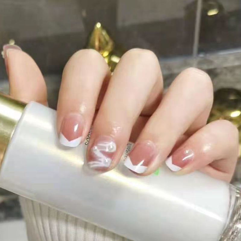 Chic French Tip Short Square Transparent Press On Nails with Delicate White Accents