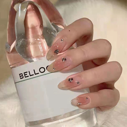 Sophisticated Sparkle Medium Oval Beige Press On Nails with Embedded Crystal Embellishments