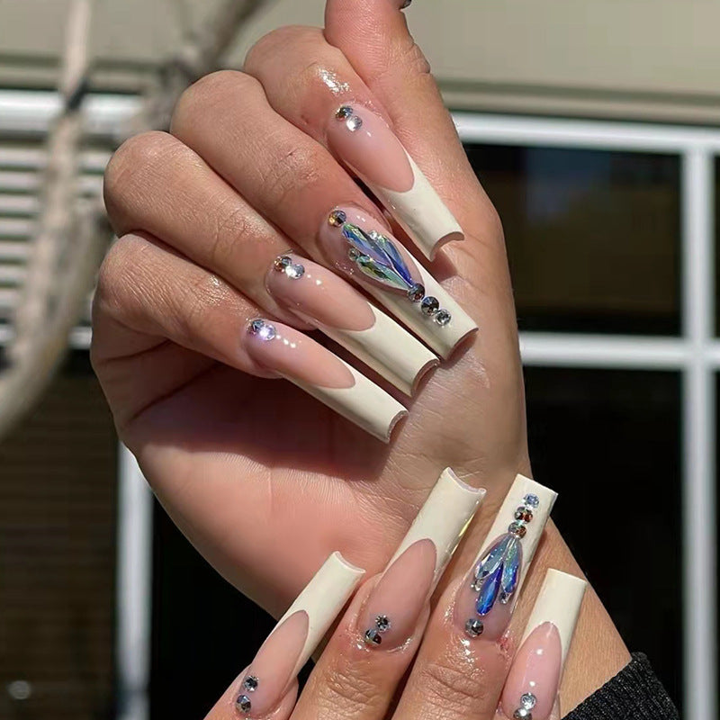 Chic Cocktail Party Extra Long Coffin Beige Press On Nail Set with Rhinestone Embellishments and Iridescent Accents