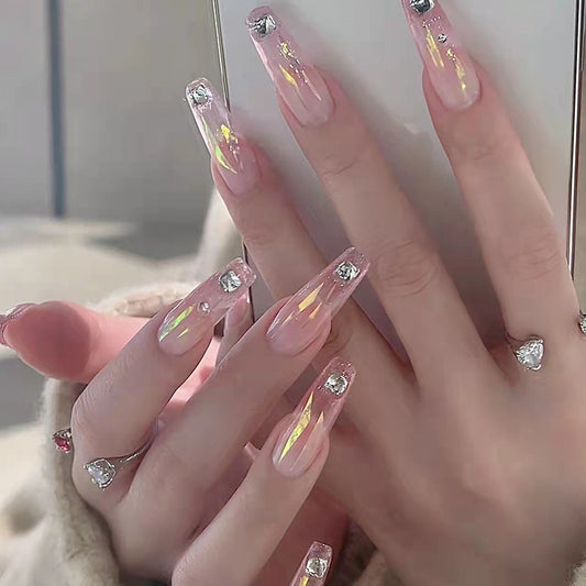 Valentines Glow Long Coffin Pink Holographic Press On Nail Set with Crystal Embellishments