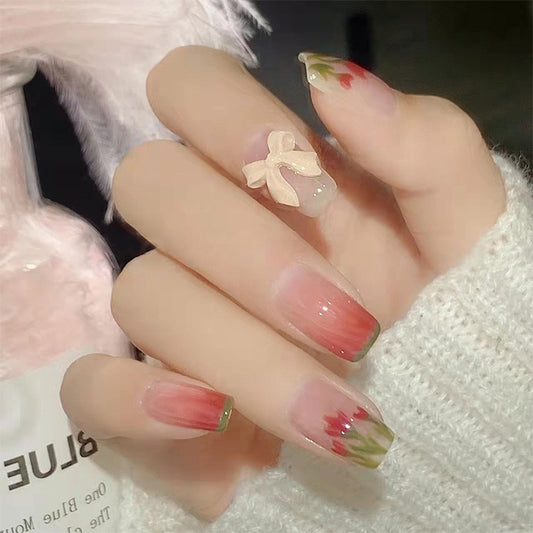Spring Blossom Medium Square Ombre Press On Nail Set with Floral Art and 3D Bow Detail