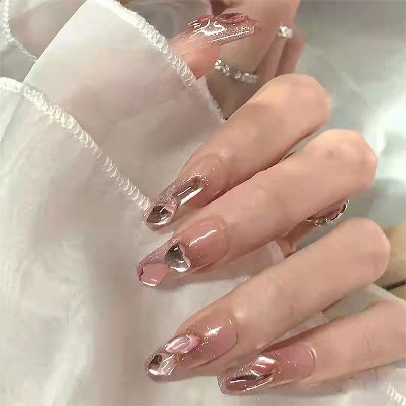 Bridal Elegance Long Coffin Clear Press On Nails with Pink Undertone and Heart Accents