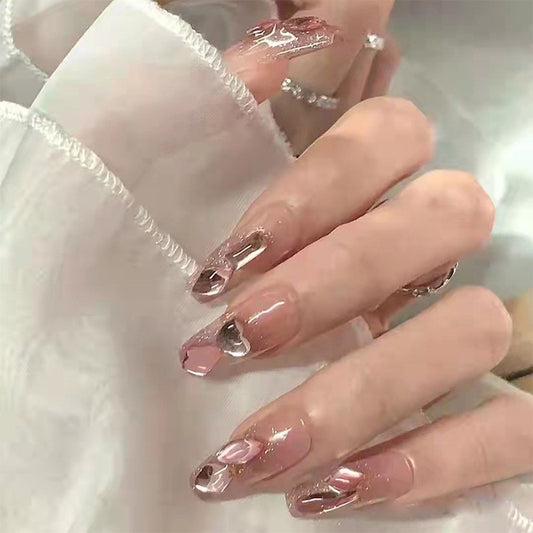 Bridal Elegance Long Coffin Clear Press On Nails with Pink Undertone and Heart Accents