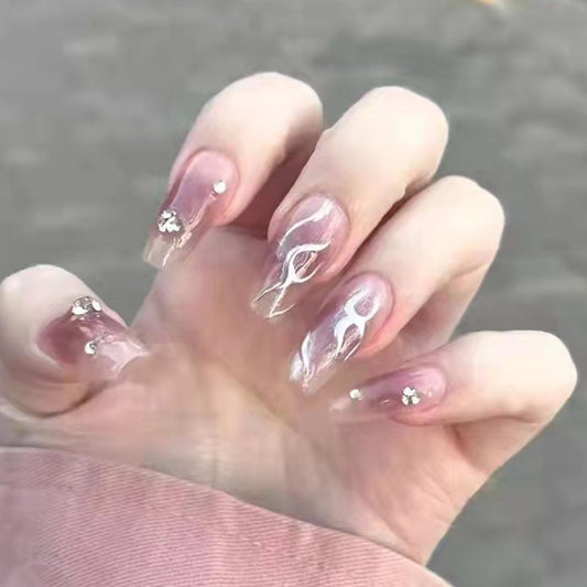 Mystical Aura Medium Coffin Clear Press On Nails with Pink Flame Design and Rhinestone Embellishments