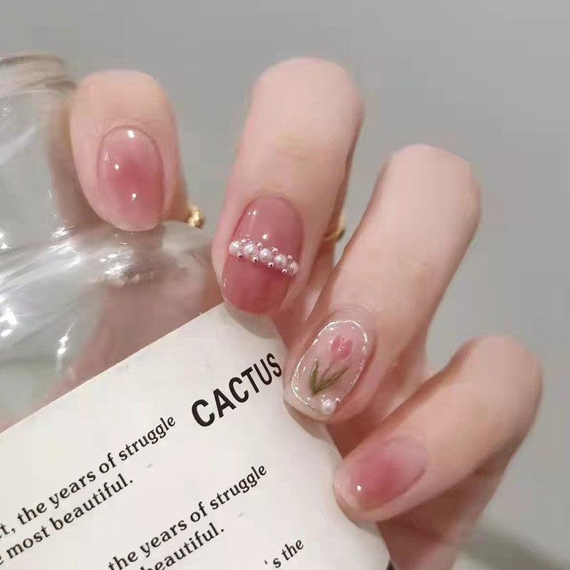 Serene Nature Short Squoval Pink Press On Nails with Floral Accent and Pearl Embellishments