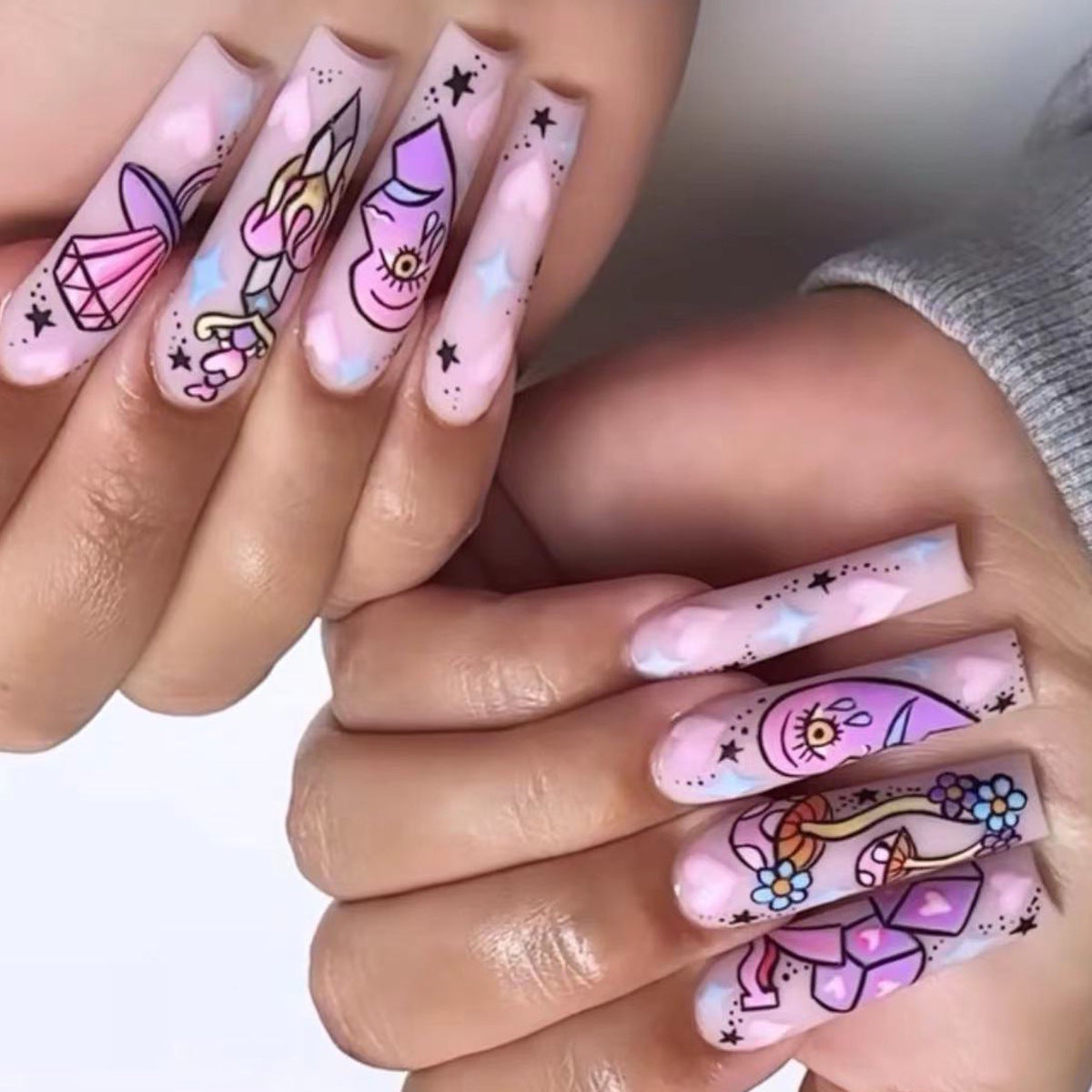 Downpour Dreams Long Square Pink Cartoon Press On Nails