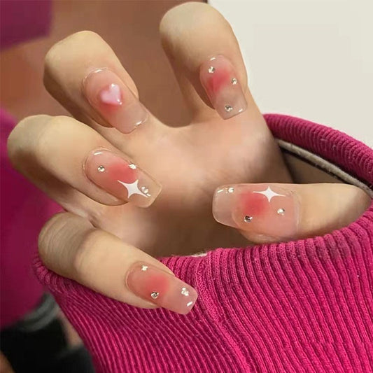 Cosmic Dreams Medium Square Pink Ombre Press On Nails with Star Accents and Rhinestone Embellishments