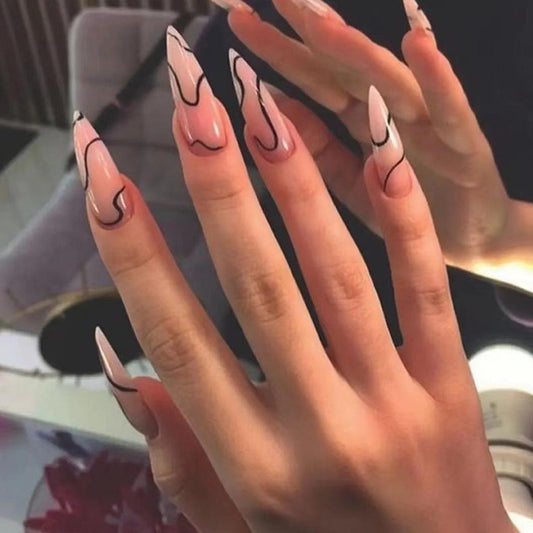 Bone To Pick Long Stiletto Black Abstract Press On Nails