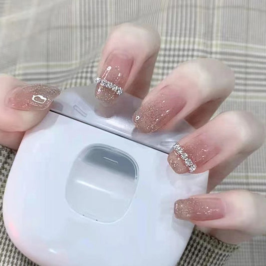 Glamorous Tech-Savvy Medium Coffin Beige Press On Nails with Glitter French Tips and Rhinestone Accents