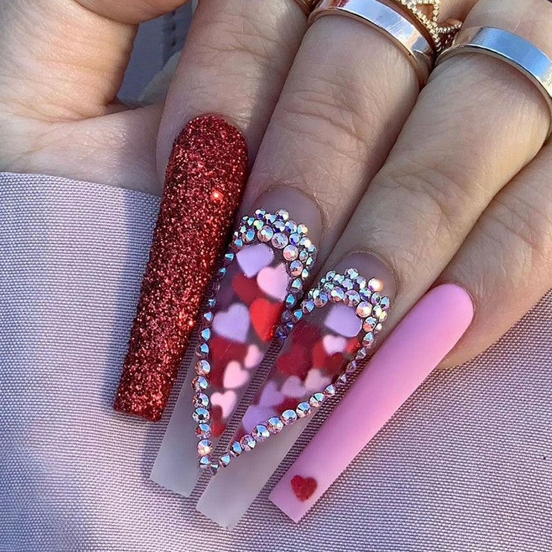 Valentine's Glam Extra Long Coffin Red and Pink Press On Nails with Full Glitter, Rhinestone Hearts, and Matte Finish