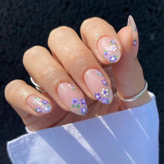 Ride Along Short Round Purple Floral Press On Nails