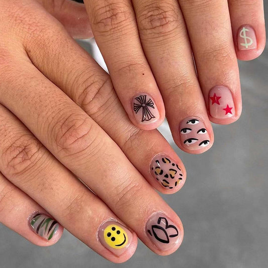 Doodling Point Short Squoval Multicolor Cartoon Press On Nails