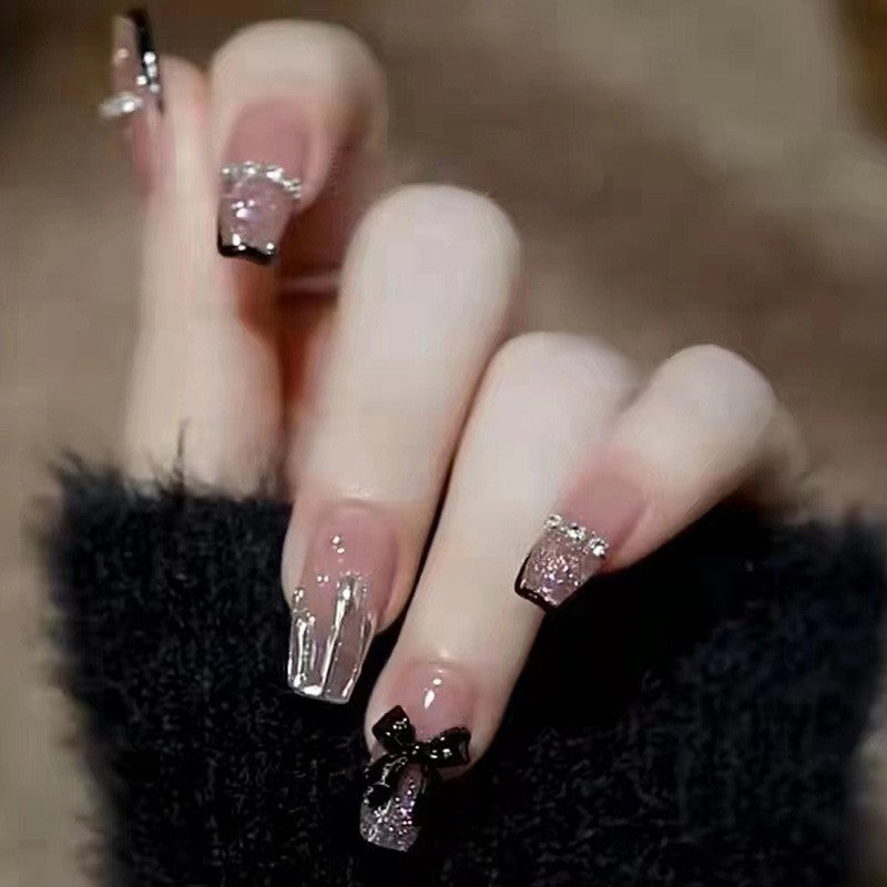 Midnight Glamour Medium Coffin Black Press On Nails with Glitter Tips and Bow Accents